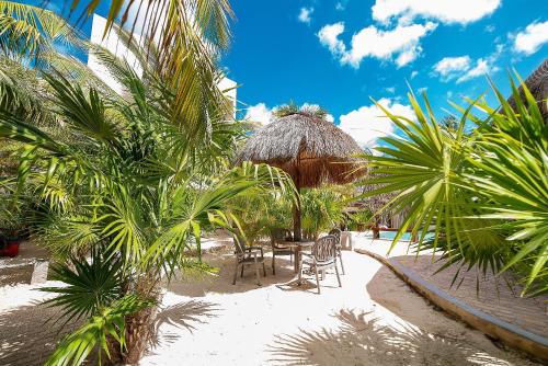 - une plage avec des chaises, un parasol et des palmiers dans l'établissement 87979 Very chic 3BR Condo, tons of amenities, 1 block from Ocean, à Progreso