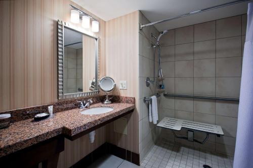 沃瓦托薩的住宿－Sonesta Milwaukee West Wauwatosa，一间带水槽、镜子和淋浴的浴室