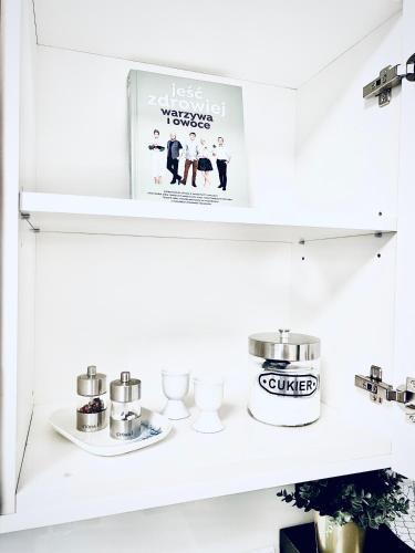 a shelf in a kitchen with a movie on it at Apartment Jazz in Konstancin-Jeziorna