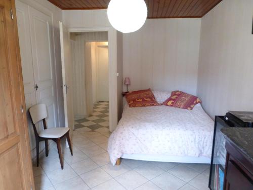 a bedroom with a bed and a table and chair at Au coeur de la campagne - Gite non loins d'Annecy- à 17 min d'Annecy - Tout prêt d'Aix les Bains in Saint-Girod