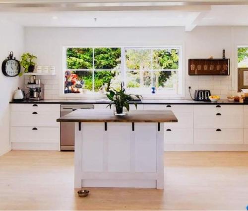 a kitchen with white cabinets and a table with a plant on it at 64 Mandalea B&B in Ohoka