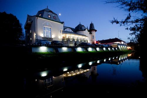a large building with lights on the water at night at Zolota Pava in Berehove