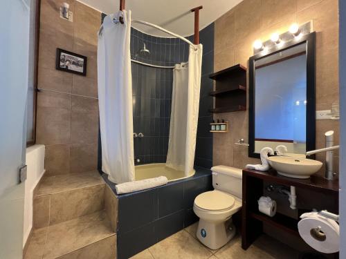 a bathroom with a shower toilet and a sink at Palmazul Hotel & Spa in San Clemente