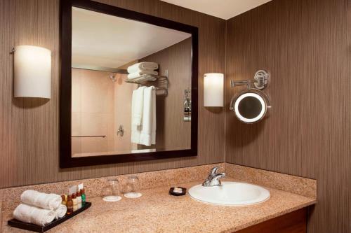a bathroom with a sink, mirror, and towel rack at Sheraton Atlanta in Atlanta