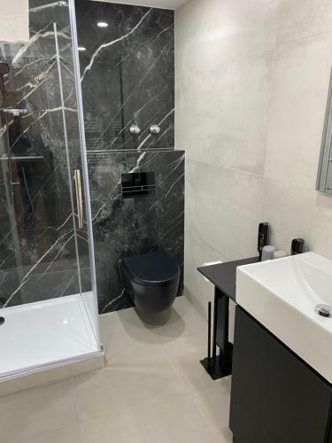 a bathroom with a shower and a toilet and a sink at Das kleine Landhotel in Dorsten