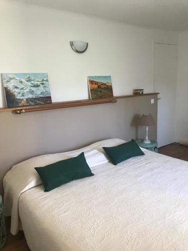 a bedroom with a bed with two green pillows at B&B La Vandelière Chambres chez l'Habitant in Macé
