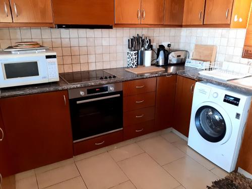 a kitchen with a washing machine and a microwave at Nayia Paradise Villa! Best Villa in Cyprus in Paphos City