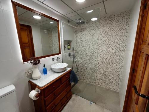 a bathroom with a sink and a shower with a mirror at Apartamento Agua Azul in Jávea
