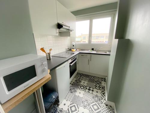 een kleine keuken met een wastafel en een magnetron bij Appartement renove et moderne L'Eustache in Calais