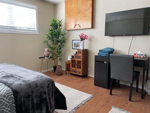 a bedroom with a bed and a desk and a flat screen tv at Hammer Haus III in Waterloo