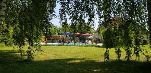 a view of a yard with umbrellas and a pool at Gîte et chambres d'hôtes Le Chêne Billault in Pouant