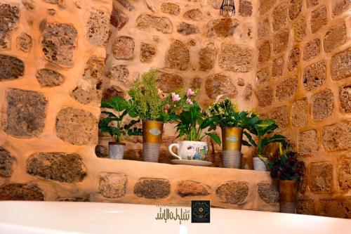 a stone wall with vases of flowers on a tub at Suleiman Pash in ‘Akko