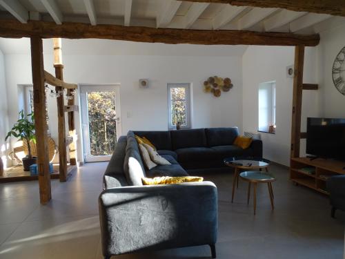 a living room with a couch and a tv at La Maison de Julienne - Ligneuville in Malmedy