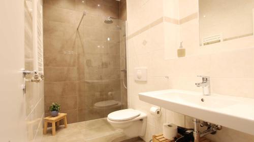 a bathroom with a toilet and a sink and a shower at Ferienwohnung Seeadler Nr. 7 in Kühlungsborn