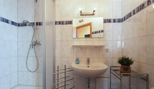 a bathroom with a sink and a shower at Ferienwohnung Molliblick in Kühlungsborn