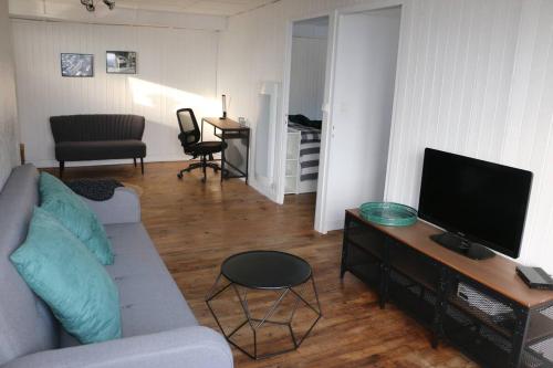 ein Wohnzimmer mit einem Sofa und einem Flachbild-TV in der Unterkunft Maison Spacieuse à Boulieu in Courtenay