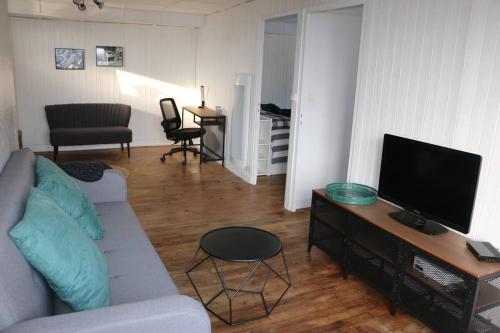 a living room with a couch and a flat screen tv at Maison Spacieuse à Boulieu in Courtenay