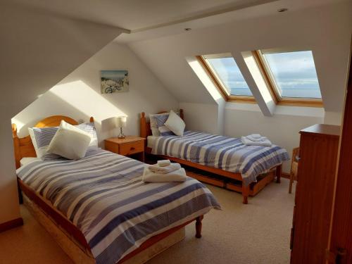 two beds in a attic room with skylights at Gowan Bank in Gourdon