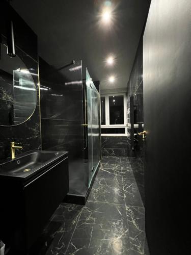 ein schwarzes Bad mit einem Waschbecken und einer Dusche in der Unterkunft Appartement moderne full black Dunkerque centre in Dunkerque