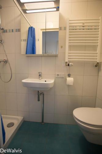 a bathroom with a sink and a toilet and a mirror at Appartement Walvis nr. 16B in Vrouwenpolder