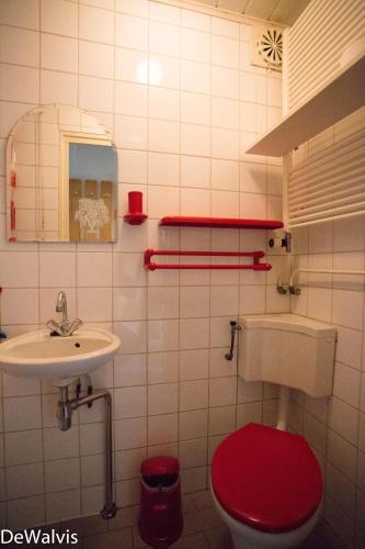 a bathroom with a red toilet and a sink at Appartement Walvis nr. 20 in Vrouwenpolder