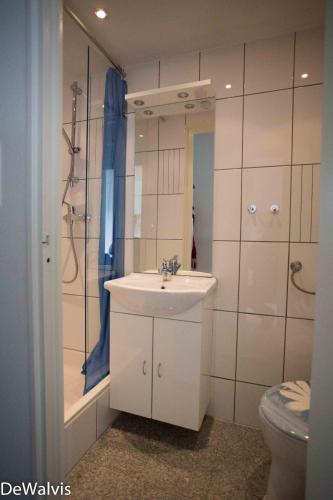 a bathroom with a sink and a shower and a toilet at Appartement Walvis nr. 24 in Vrouwenpolder