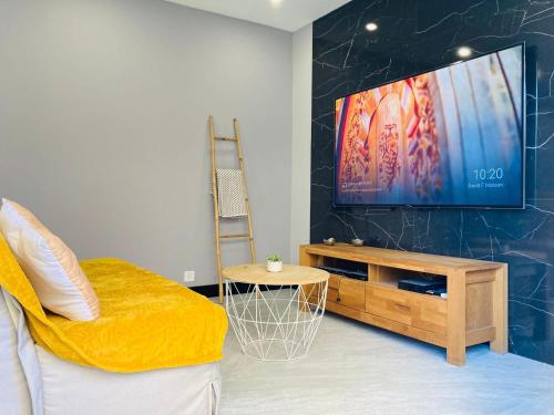 a living room with a couch and a flat screen tv at Studio standing bord de mer in Mandelieu-La Napoule