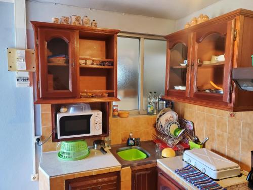 una cucina con lavandino e forno a microonde di Appartement d'une chambre avec jardin clos et wifi a Sainte Rose a 2 km de la plage a Sainte-Rose