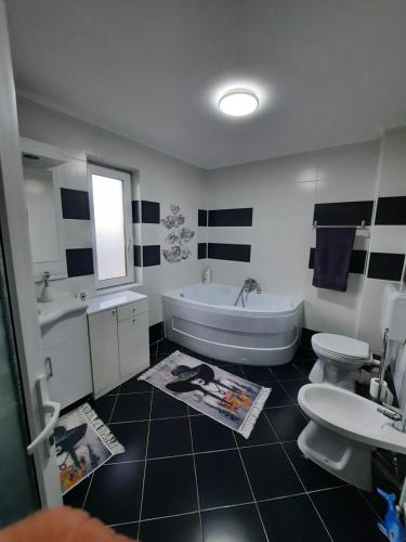 ein Badezimmer mit Badewanne, Toilette und Waschbecken in der Unterkunft Casa Flavia in Poiana Mărului