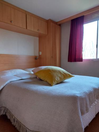 Tempat tidur dalam kamar di Stacaravan 169 5* camping De kuilart in Friesland