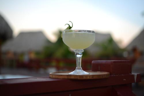 a drink in a glass sitting on a table at El Ben Cabañas in Caye Caulker
