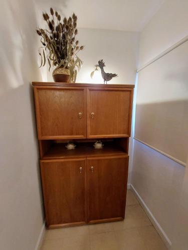 a wooden cabinet with a bird on top of it at Dpto. luminoso, céntrico, nuevo: LA SERENA in Tandil