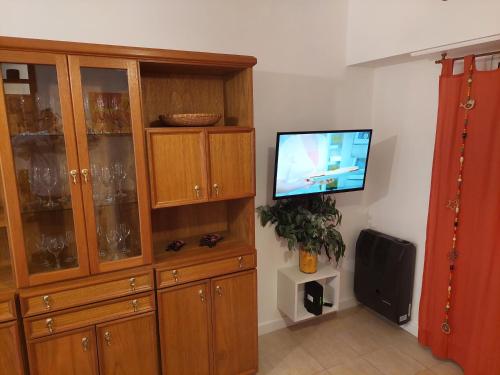 a living room with a television and wooden cabinets at Dpto. luminoso, céntrico, nuevo: LA SERENA in Tandil