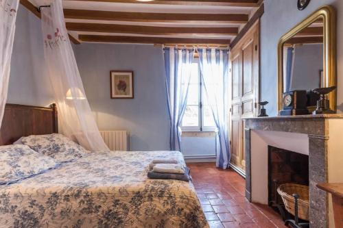 a bedroom with a bed and a fireplace at Gîte de Pierre in Champlin