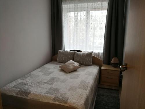 ein kleines Schlafzimmer mit einem Bett und einem Fenster in der Unterkunft Draugystės Apartment in Šiauliai