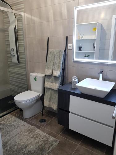 Un baño con inodoro, lavabo y espejo. en Apartamento Alagoinha by Umbral, en Vila Nova de Milfontes