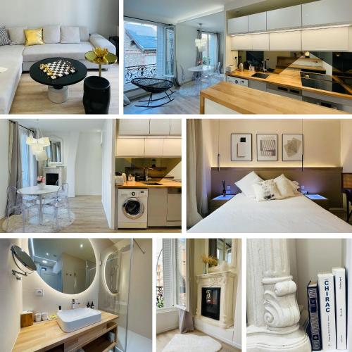 un collage de photos d'une chambre et d'un salon dans l'établissement Appartement Design&Nouveau, ParisExpo Pte-de-Versaille, Parking&Netflix, à Issy-les-Moulineaux