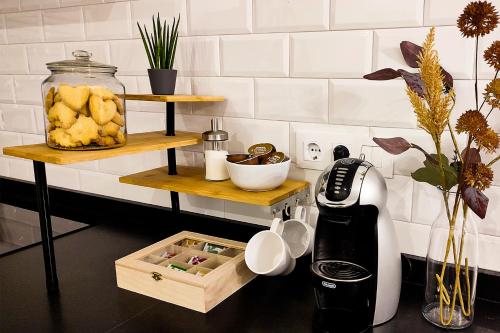a kitchen with two shelves with food and a blender at LOFT de Tita Larrea in Arriondas