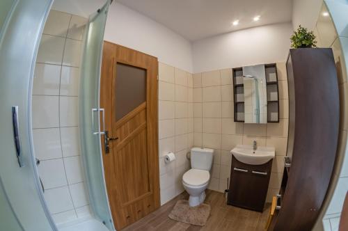 La salle de bains est pourvue de toilettes et d'un lavabo. dans l'établissement Jakubówka, à Szczawnica