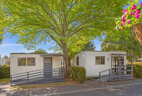 a tiny house sitting under a tree at Hamilton City Holiday Park in Hamilton