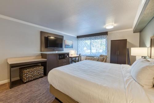 a hotel room with a bed and a desk and a television at Amanzi Hotel, an Ascend Collection Hotel in Ventura
