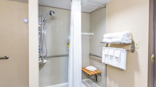 a bathroom with a shower and a toilet and towels at Holiday Inn Express Boise Downtown, an IHG Hotel in Boise