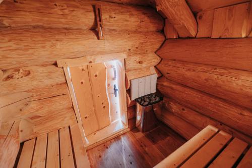 an overhead view of a room in a wooden cabin at Penzión Natália in Terchová
