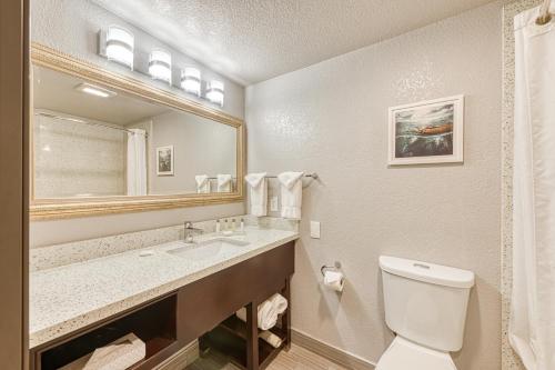 a bathroom with a toilet and a sink and a mirror at Amanzi Hotel, an Ascend Collection Hotel in Ventura