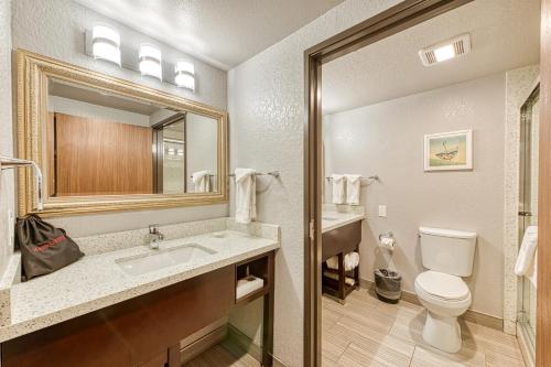 a bathroom with a sink and a toilet and a mirror at Amanzi Hotel, an Ascend Collection Hotel in Ventura