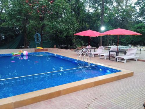 a pool with two umbrellas and a table and chairs at Sayeban Hotel in Matheran