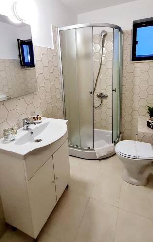 a bathroom with a shower and a sink and a toilet at Mera Hills House in Mera