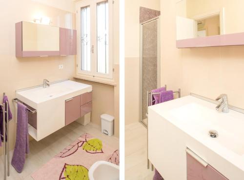 two images of a bathroom with a sink and a toilet at DALIAHOUSE Bardolino family and cozy apartment in Bardolino