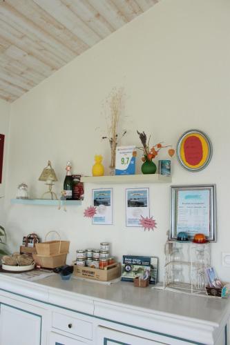 a kitchen counter with shelves on the wall at chambres d'hôtes "DINEDORT" in LʼAiguillon-sur-Vie