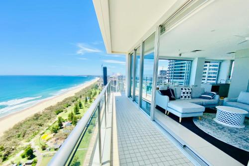 a balcony with a view of the beach at Air on Broadbeach Beachfront 2Level stunning apartment with 180 degree views in Gold Coast